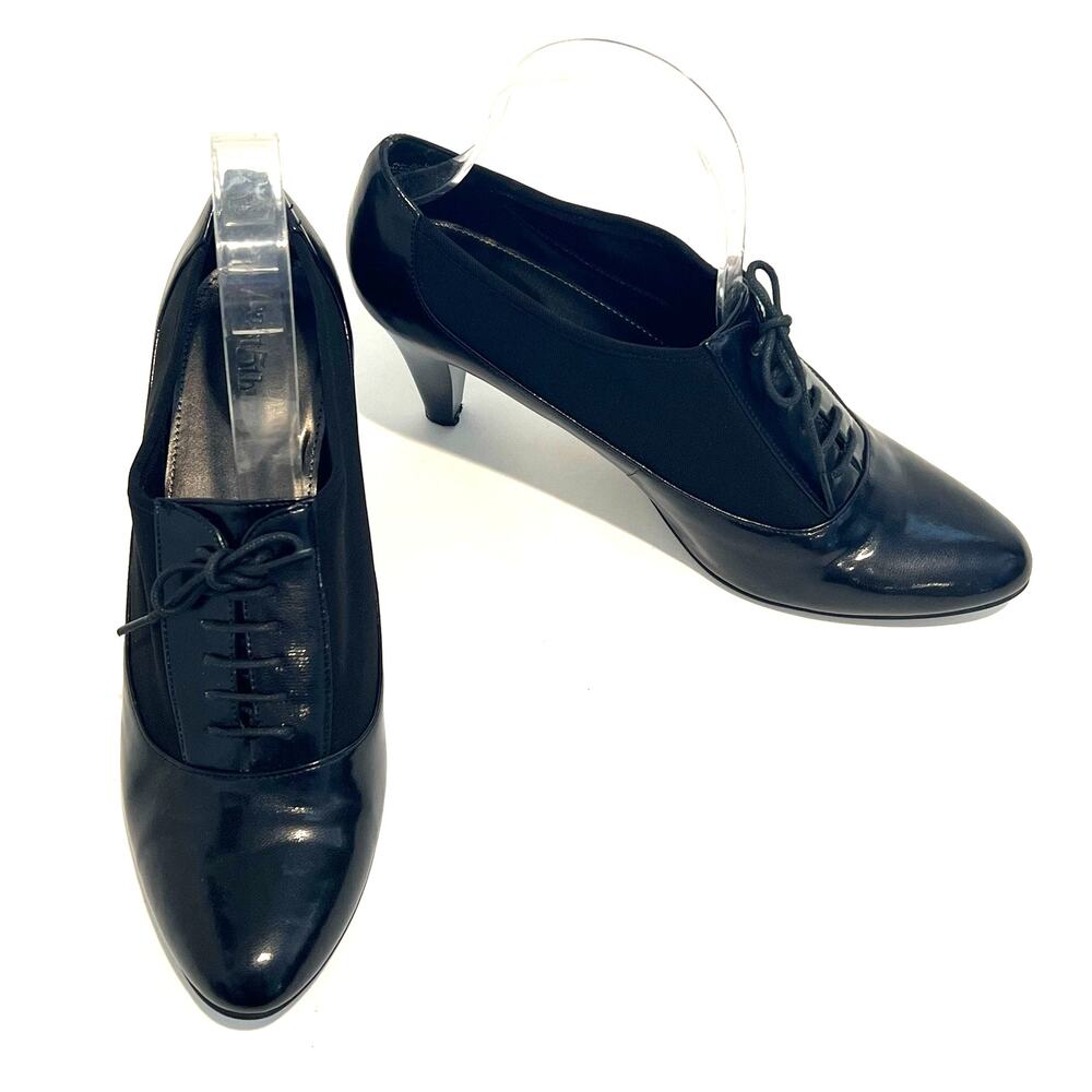 East 5th Women's 9.5M Lace-Up Oxford Pumps Stretch Fabric & Patent Black Heels